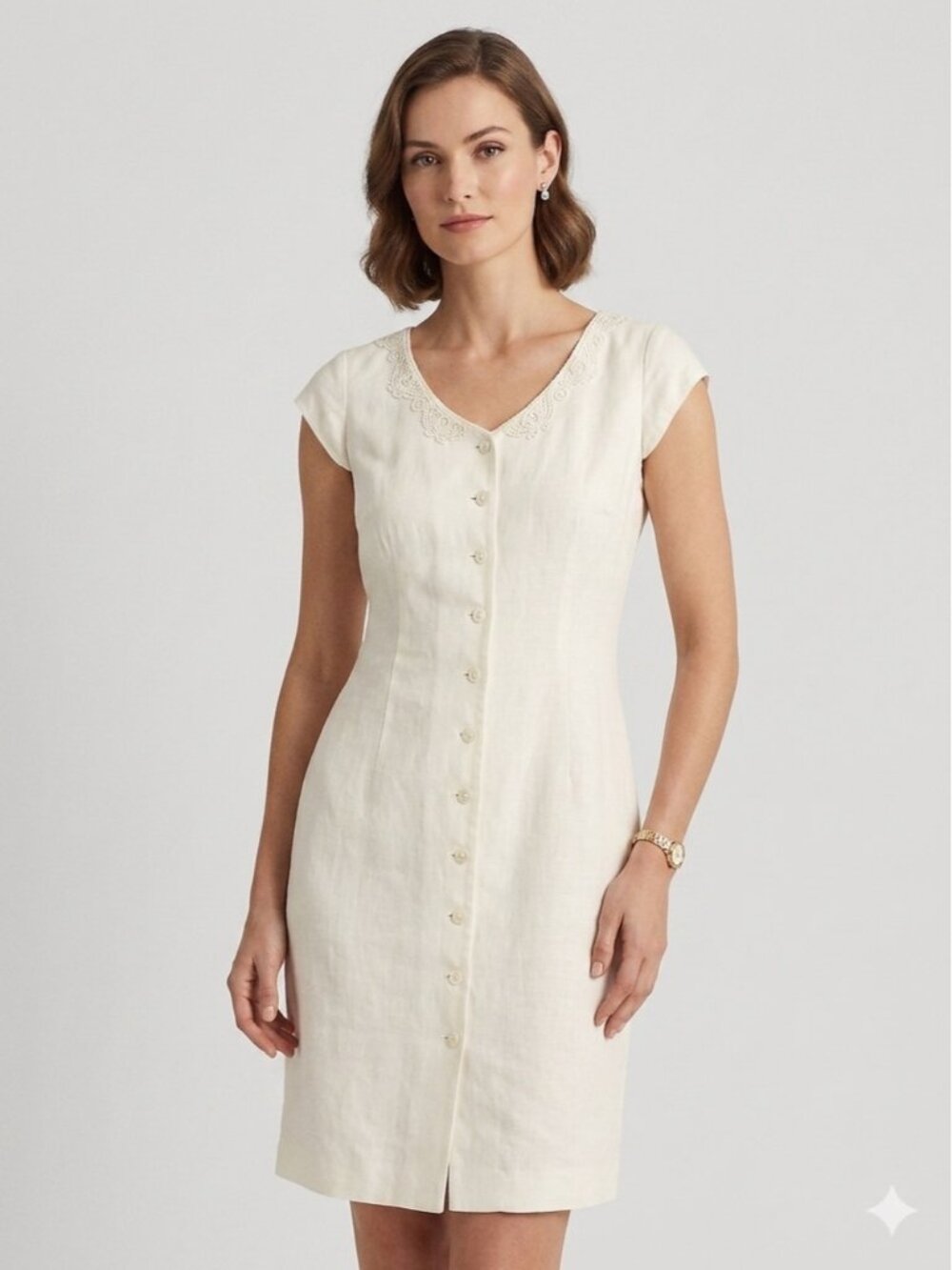 Lauren Ralph Lauren 100% Linen White Floral Embroidered Neckline Midi Dress